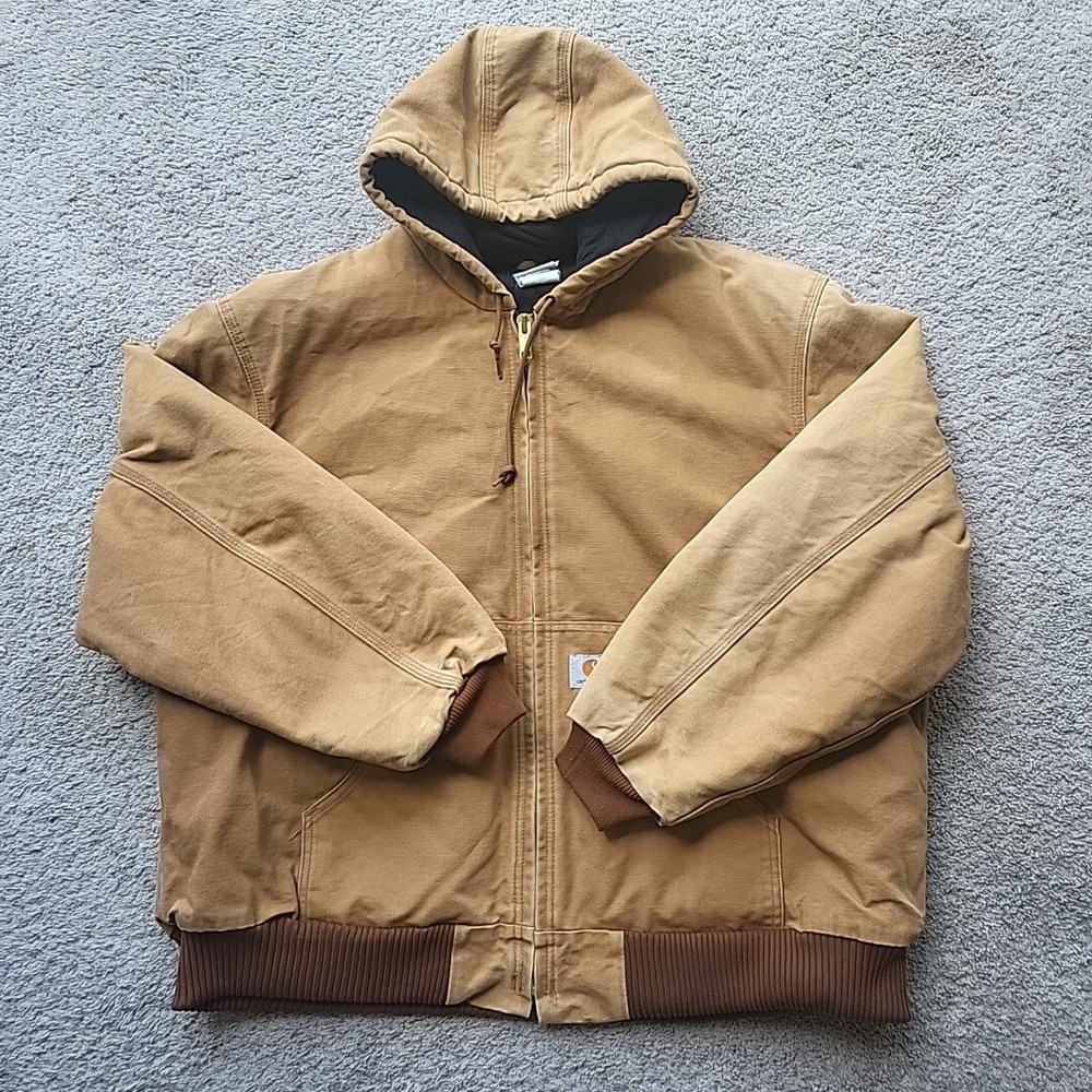 Carhartt Mens 2XL Tan Hooded Quilted Duck Canvas Chore Jacket J208