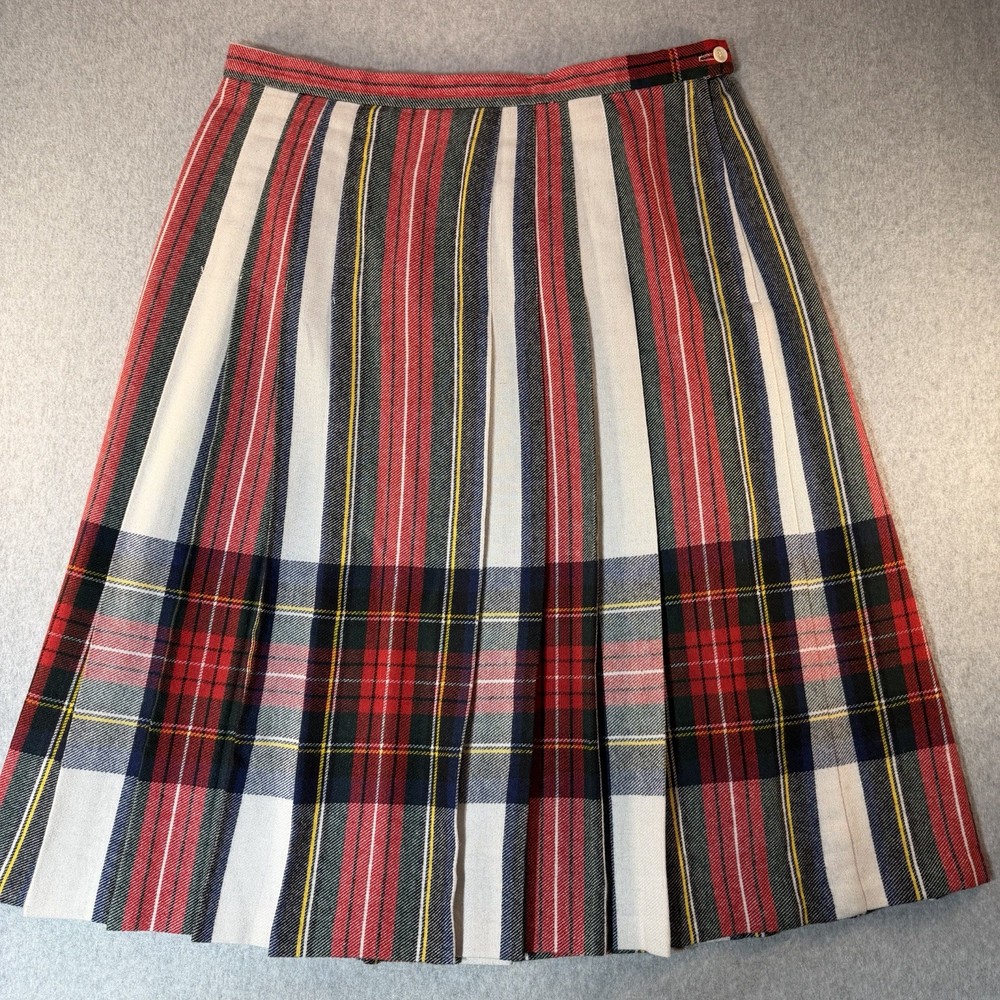 Vintage Pleated Preppy Skirt Womens 22W Midi Plaid Wool Blend USA Union Made 90s