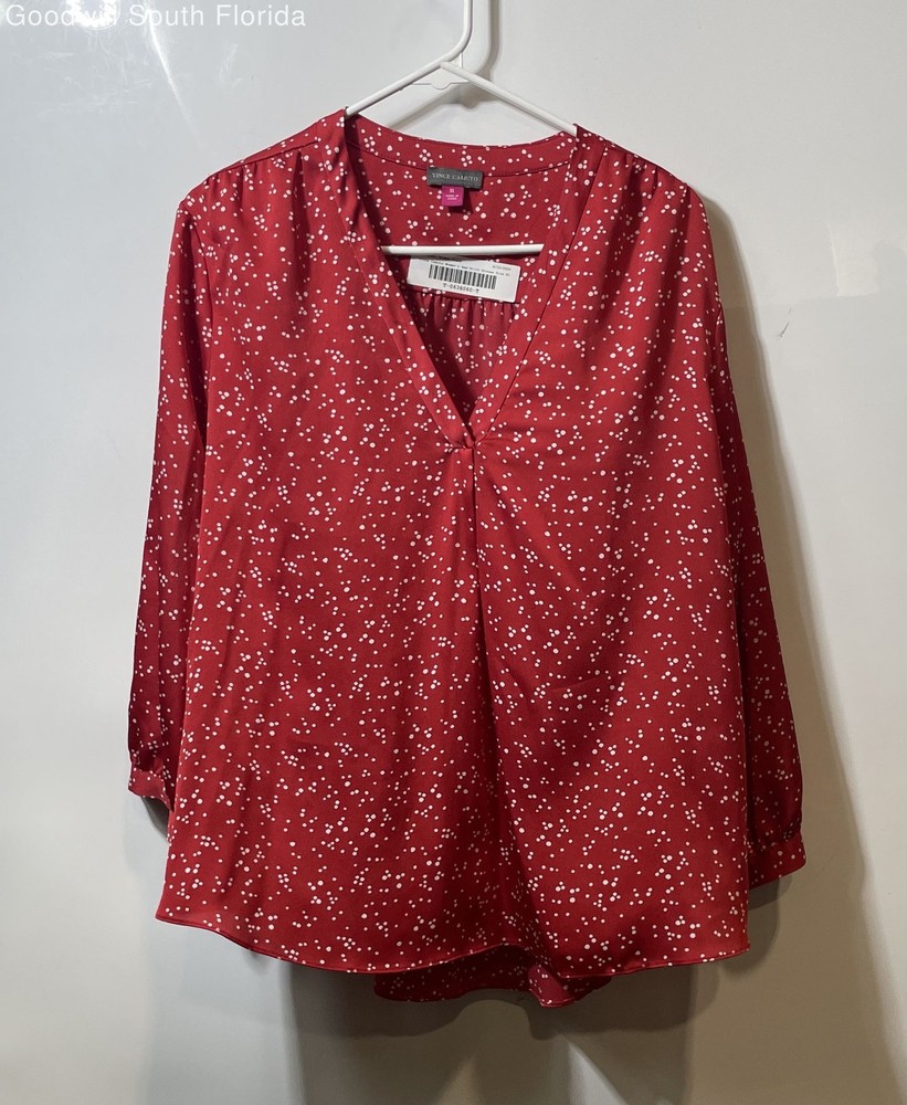 Vince Camuto Womens Red Printed V-Neck Long Sleeve Pullover Blouse Top Size XL
