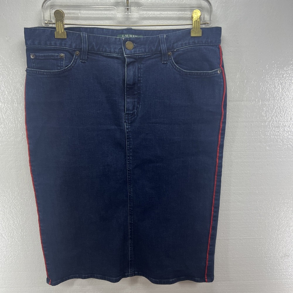 Lauren by Ralph Lauren Women's Knee Length Skirt Size 10 Dark Denim Red Accents