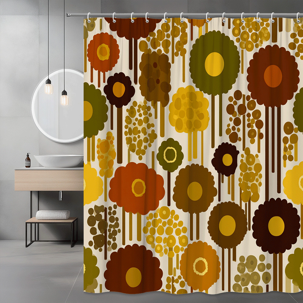 Retro Floral Shower Curtain, Mid Century Abstract Flower Print