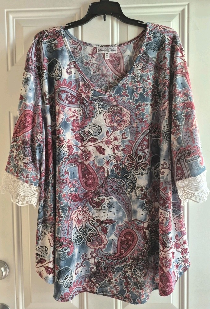 STEM & VINE Stretch Knit Top - 3X - V-Neck, 3/4 Slvs w/Lace Trim, Curved Hem