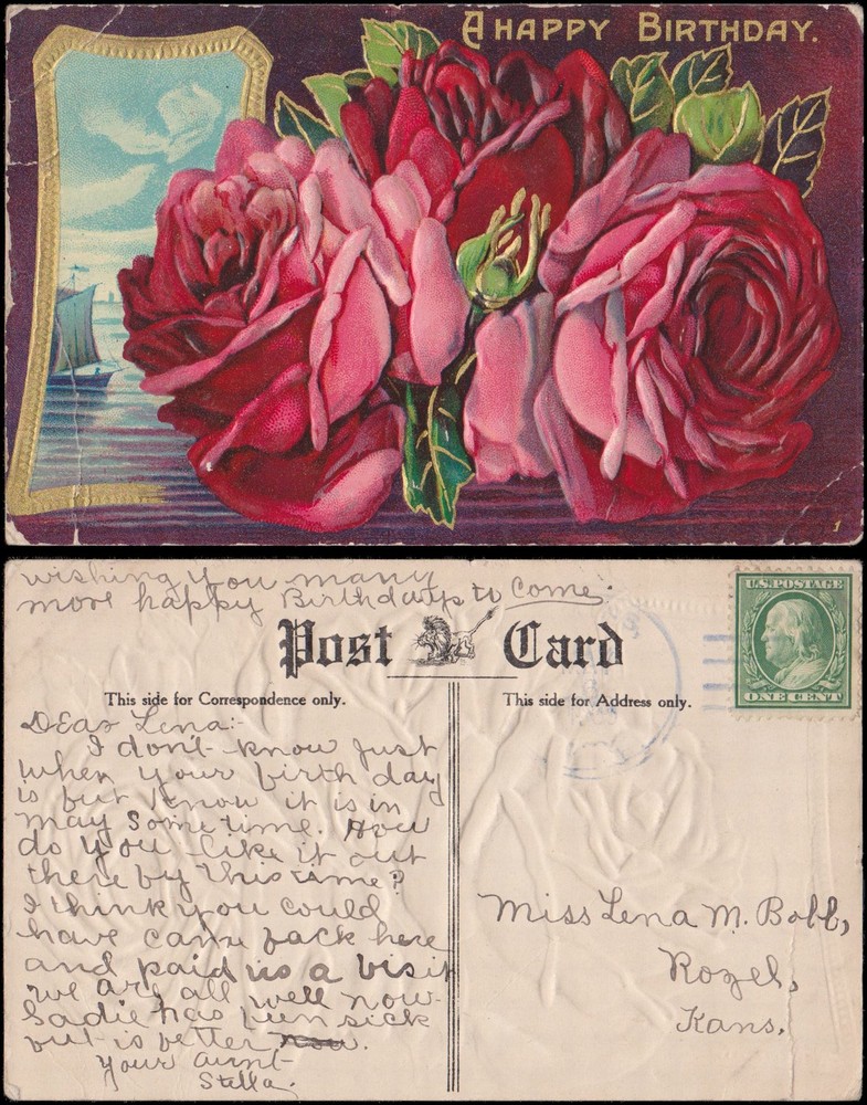birthday greetings, red roses with boat on water scene, embossed, foil stamped