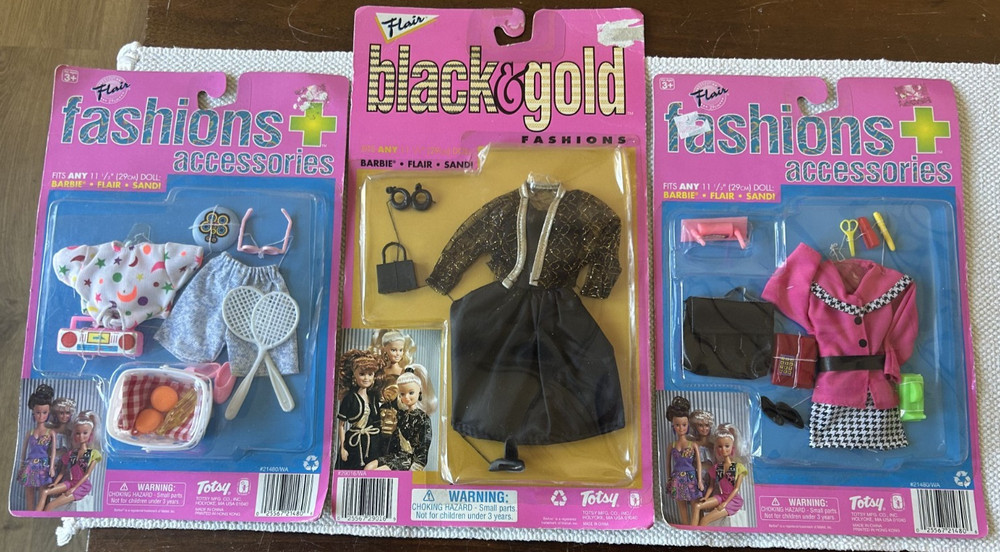 Lot of 3 Paks Flair Black & Gold Fashions+Accessory~Clone For Barbie Doll~Totsy