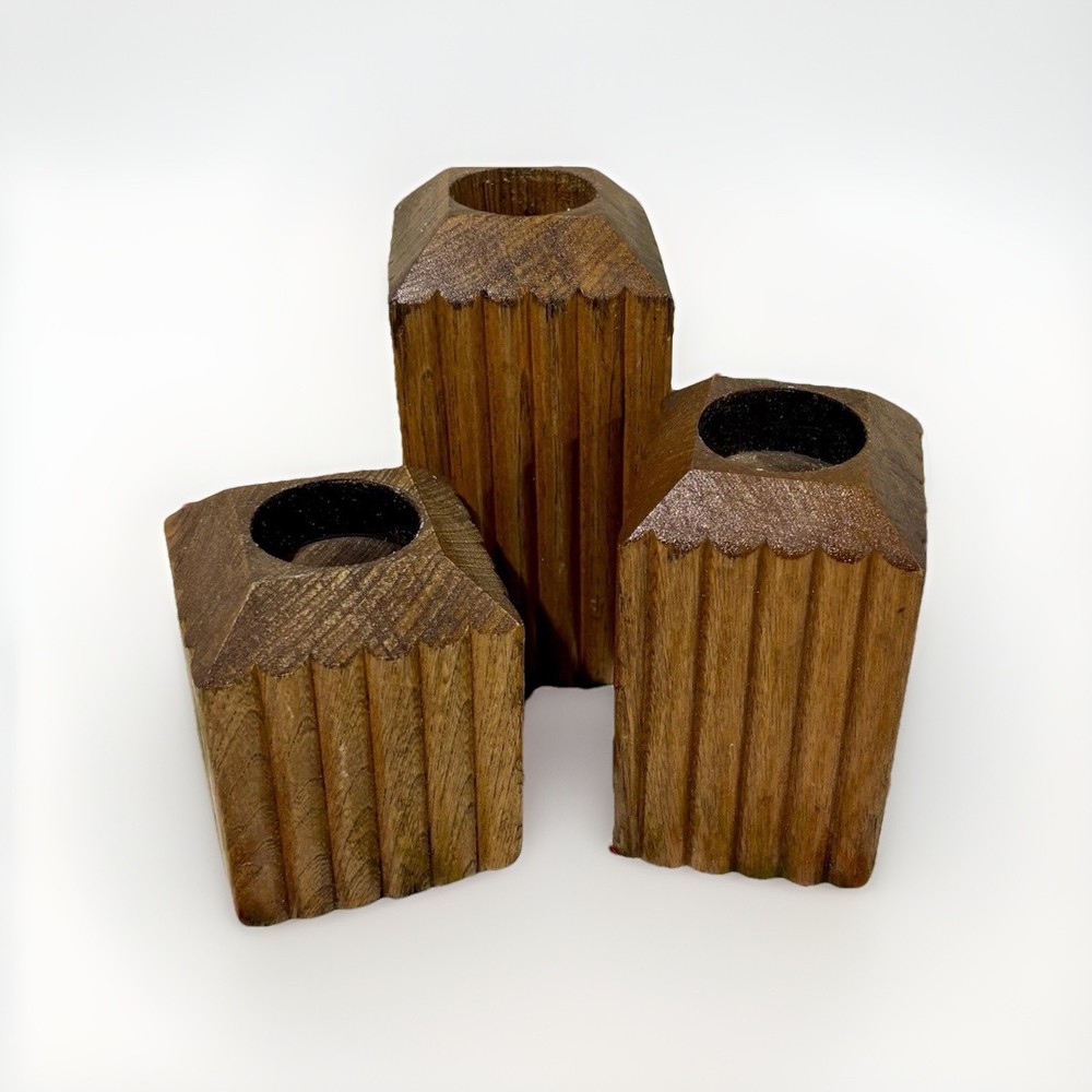 Vintage Set of 3 Wood MCM Boho Candle Tea Light Holders Cottage Core Farmhouse