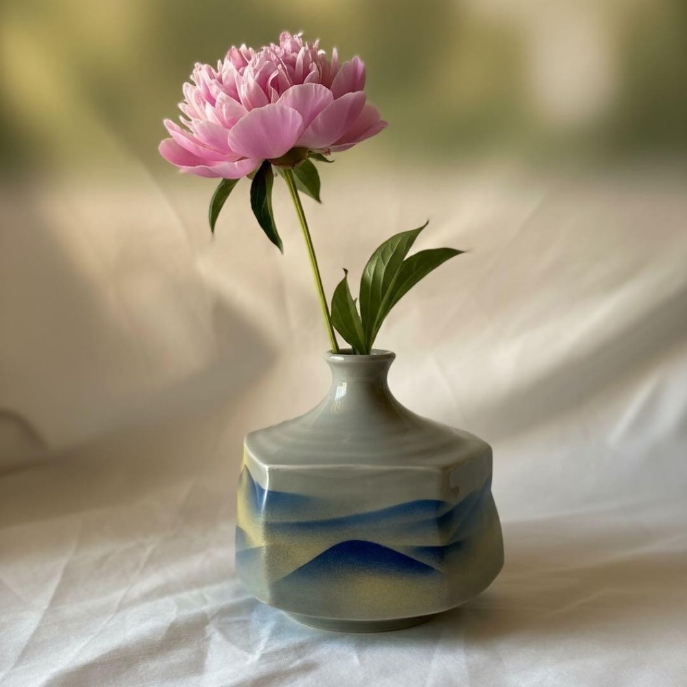 Kyoto Ware Vase, Blue Wave Pattern, Modern Japanese Ceramic, Flower Pot