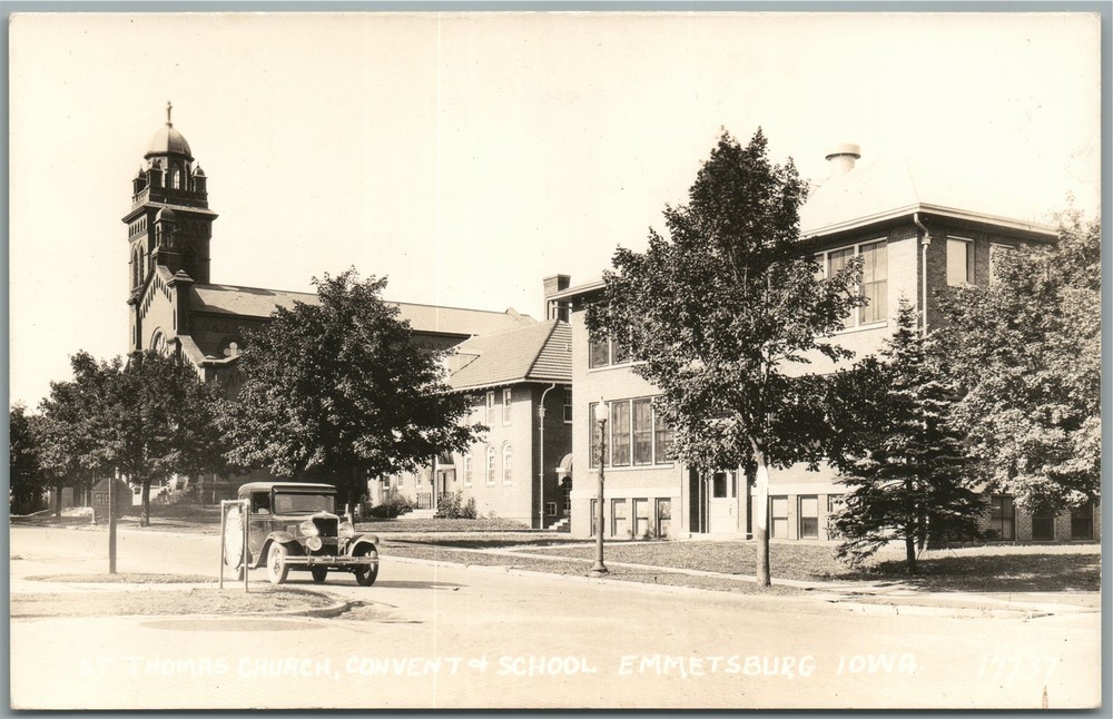 Vintage Real Photo Postcard of St. Thomas Church & School in Emmetsburg IA RPPC