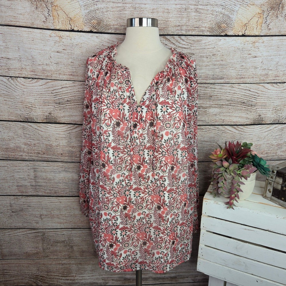 Talbots Plus 1X Pink Floral Split Neck Ruffle Blouse Long Sleeve Lined Top