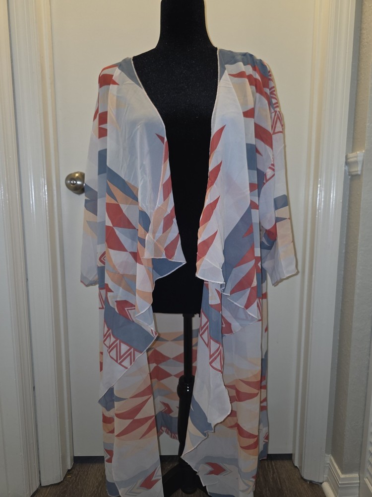 LuLaRoe Women's Geometric Open Front 3/4 Sleeve Kimono Cardigan Size L Gray