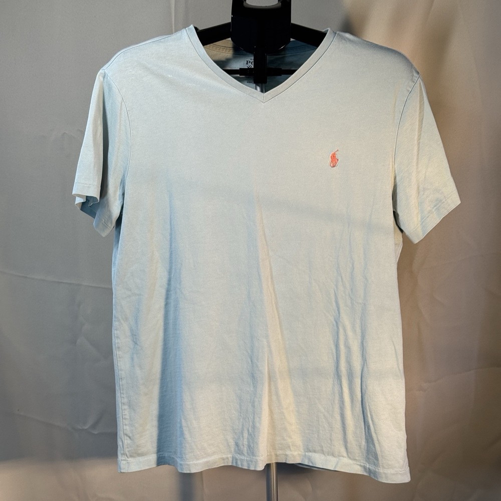 Polo Ralph Lauren Men’s Medium Light Blue V-Neck T-Shirt Pink Pony Logo Cotton
