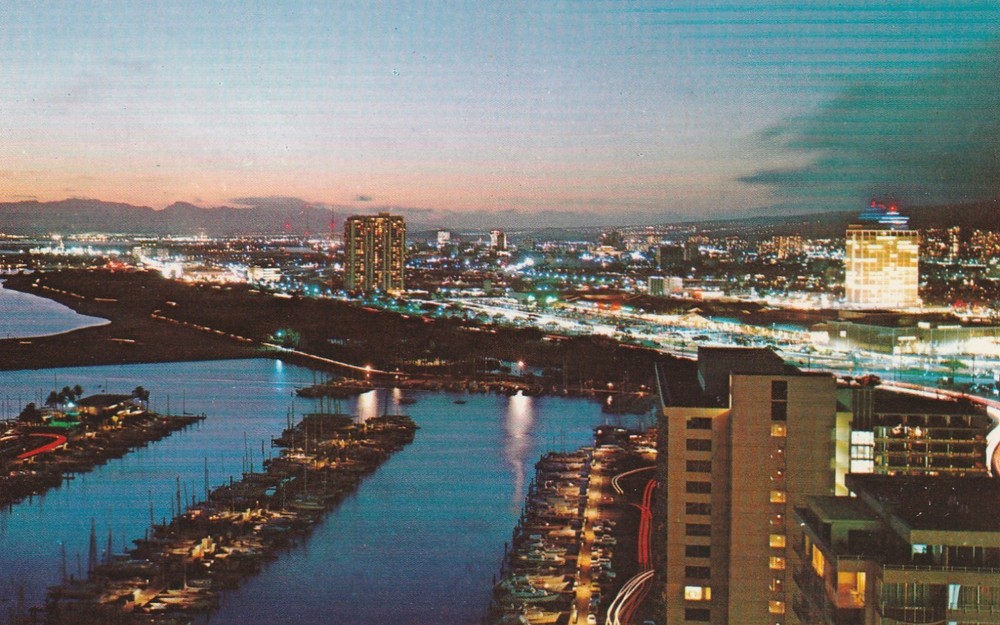 Honolulu HI-Hawaii, Aerial Ala Moana Shopping Center Harbor Vintage Postcard