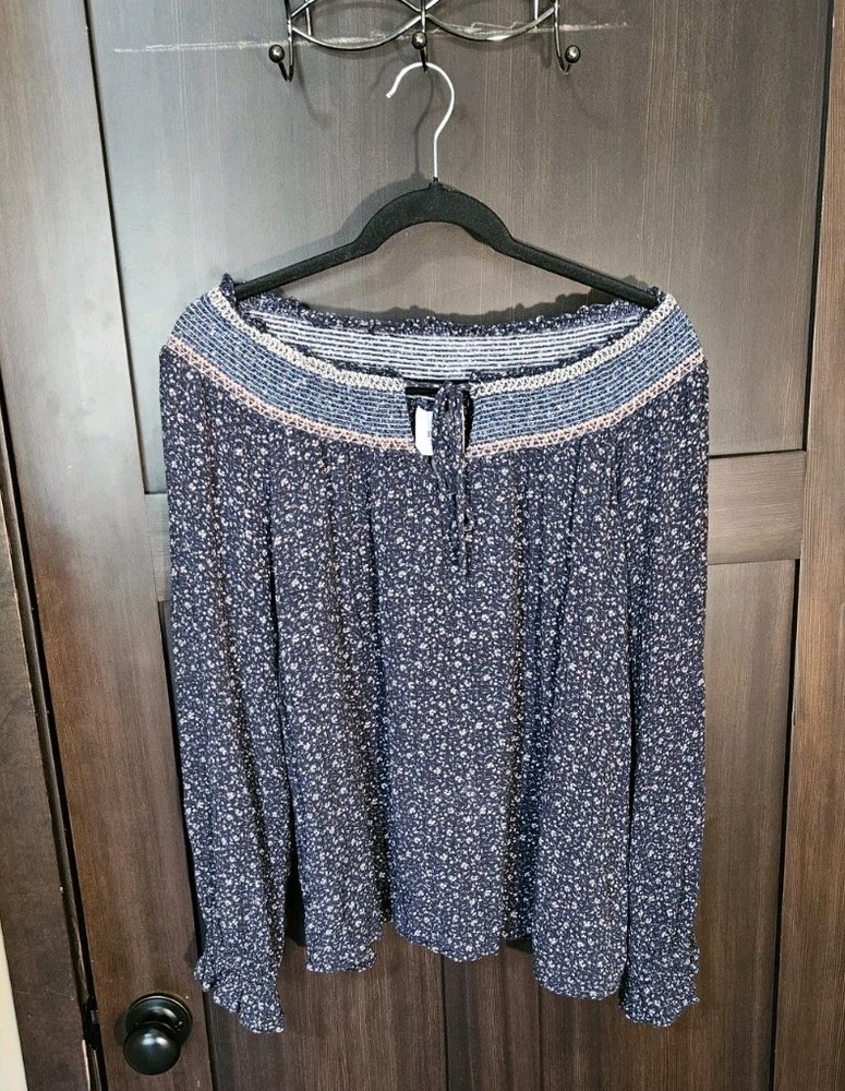EUC Women's Plus Navy Floral Print Stretch Knit Blouse Top Size XXL 2XL