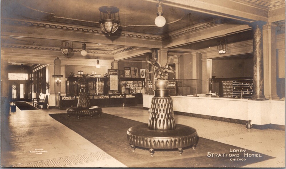 Real Photo Postcard Lobby at Stratford Hotel in Chicago, Illinois