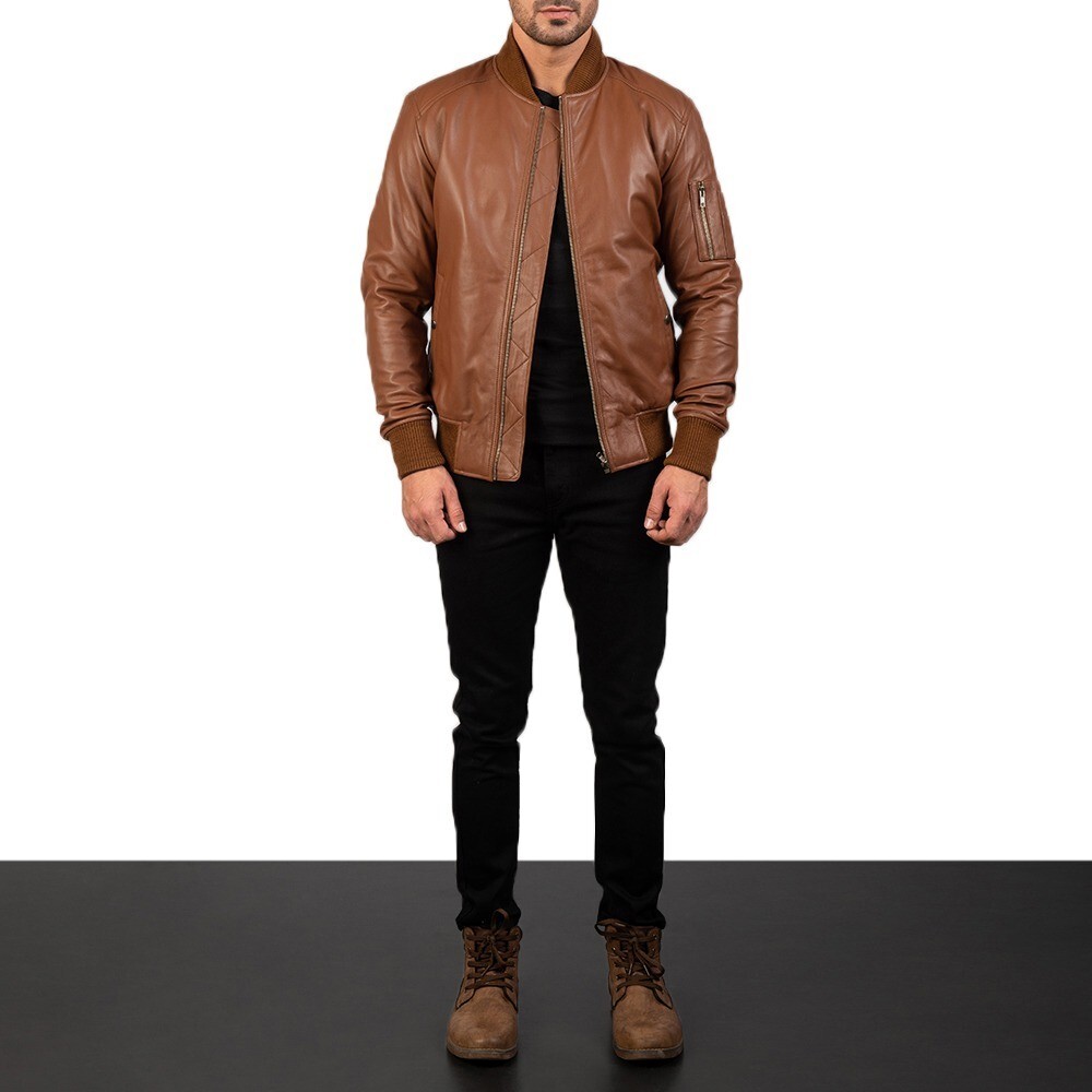 Men's 100% Genuine Goatskin Brown Leather Bomber Jacket with Quilted Lining