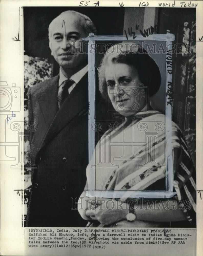 1972 Press Photo Zulfikar Ali Bhutto of Pakistan with Indira Gandhi of India