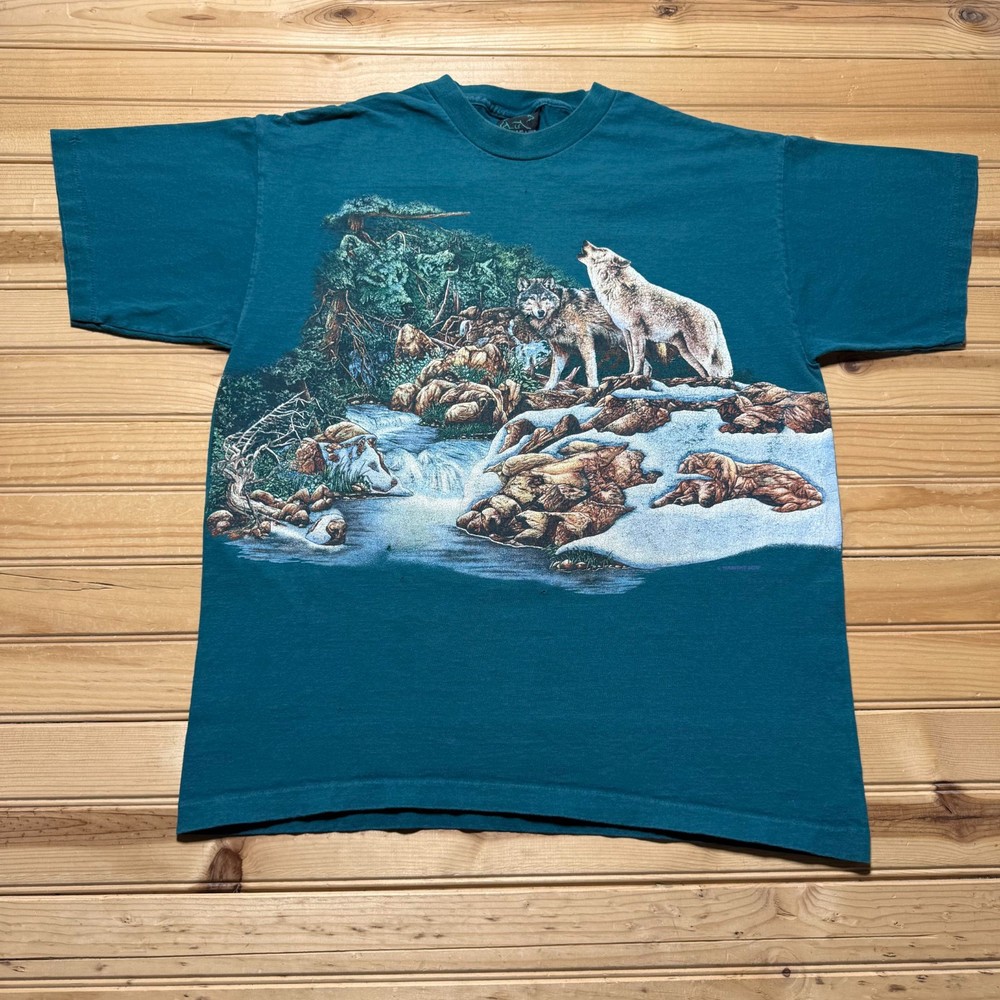 Vintage 90s Wolves River Winter Nature Animal Double Sided Graphic T-Shirt Large