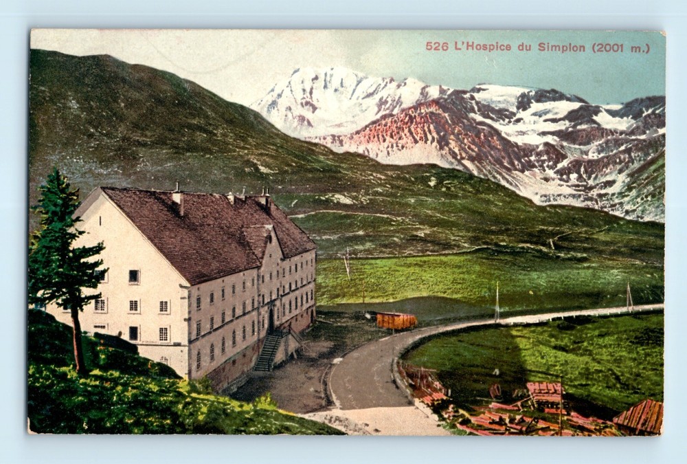 Simplon Hospice Switzerland Nestled next to Snow Cap Mountain Views Postcard C2