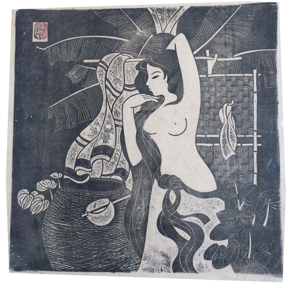 Nguyen Cong Quang Vietnamese woman take bath #2 wood cut painting