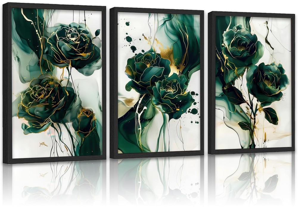 3Pcs Abstract Green And Gold Canvas Wall Art Modern Rose Floral Painting Pict...
