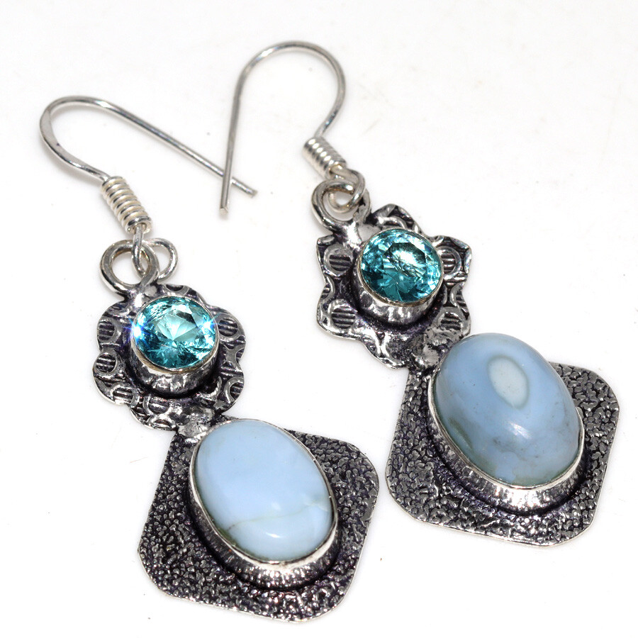 925 Silver Plated Owhyee Blue Opal Ethnic Long Earrings Jewelry Size 2