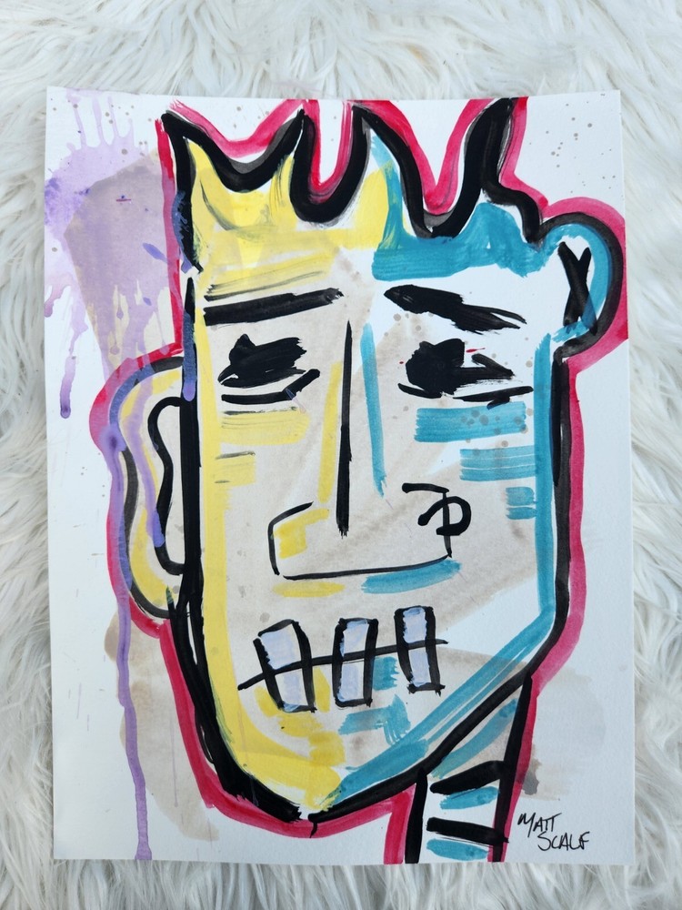 Matt Scalf Abstract Face Graffiti Outsider Art Portrait 9x12 ORIGINAL PAINTING-image
