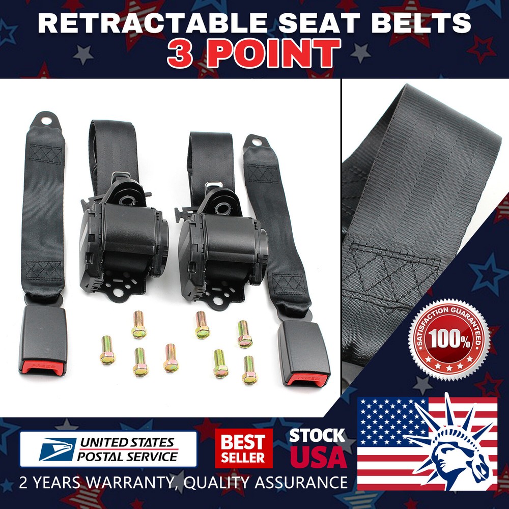 Set of (2) Safety 3 Point Retractable Car Seat Lap Belt Adjustable Kit Universal