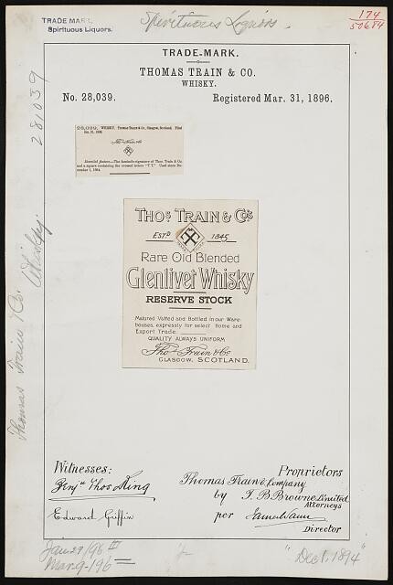 Thomas Train & Co Whisky Trademark Registration 1896 Glenlivet Scotch Whisky