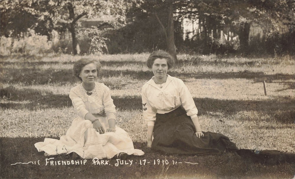 RPPC Toledo OHIO Two Gals One Interesting Insignia on her sleeve FRIENDSHIP PARK