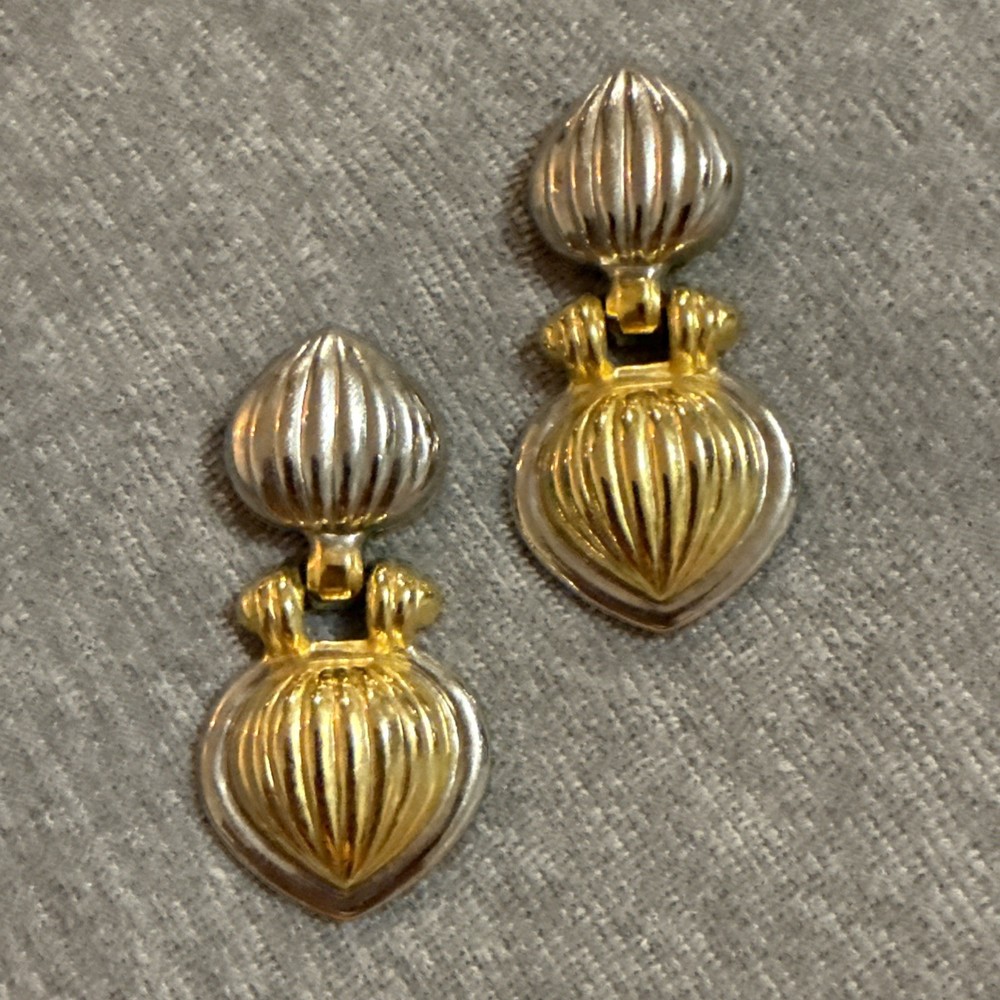 Vintage Earrings Mixed Metal Gold Tone Doorknocker Dangle Elegant Modernist 80s