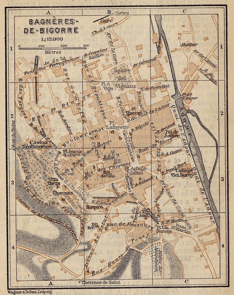 1914 Original Antique City Map Of Bagneres-De-Bigorre / Haute-Pyrenees / France