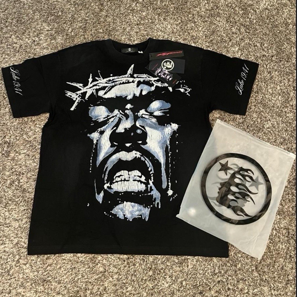 Hellstar Religious Graphic Logo Print Black Cotton Crew Neck T-Shirt Mens L
