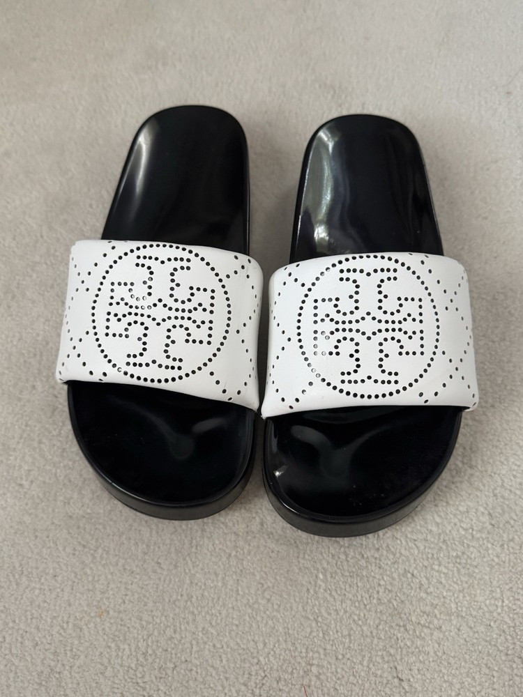 Tory Burch Womens Double T Pool Slide in White Bianco Size 8