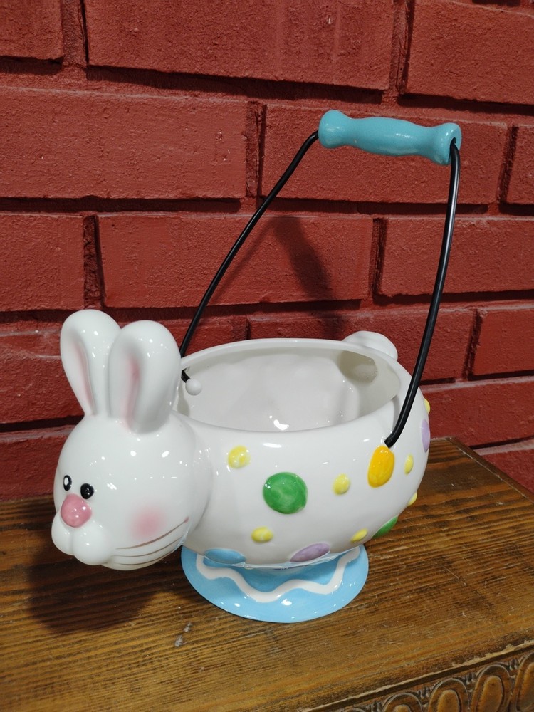 Vintage Ceramic Rabbit Bunny Easter Egg Basket With Metal Handle 10