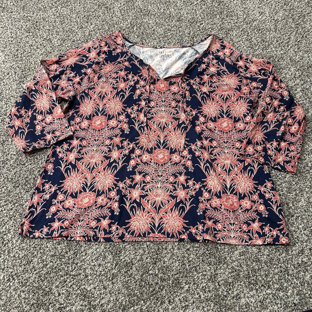 Talbots Women's XL Pink Navy Blouse Top Cotton Modal Floral Tie Front Boho