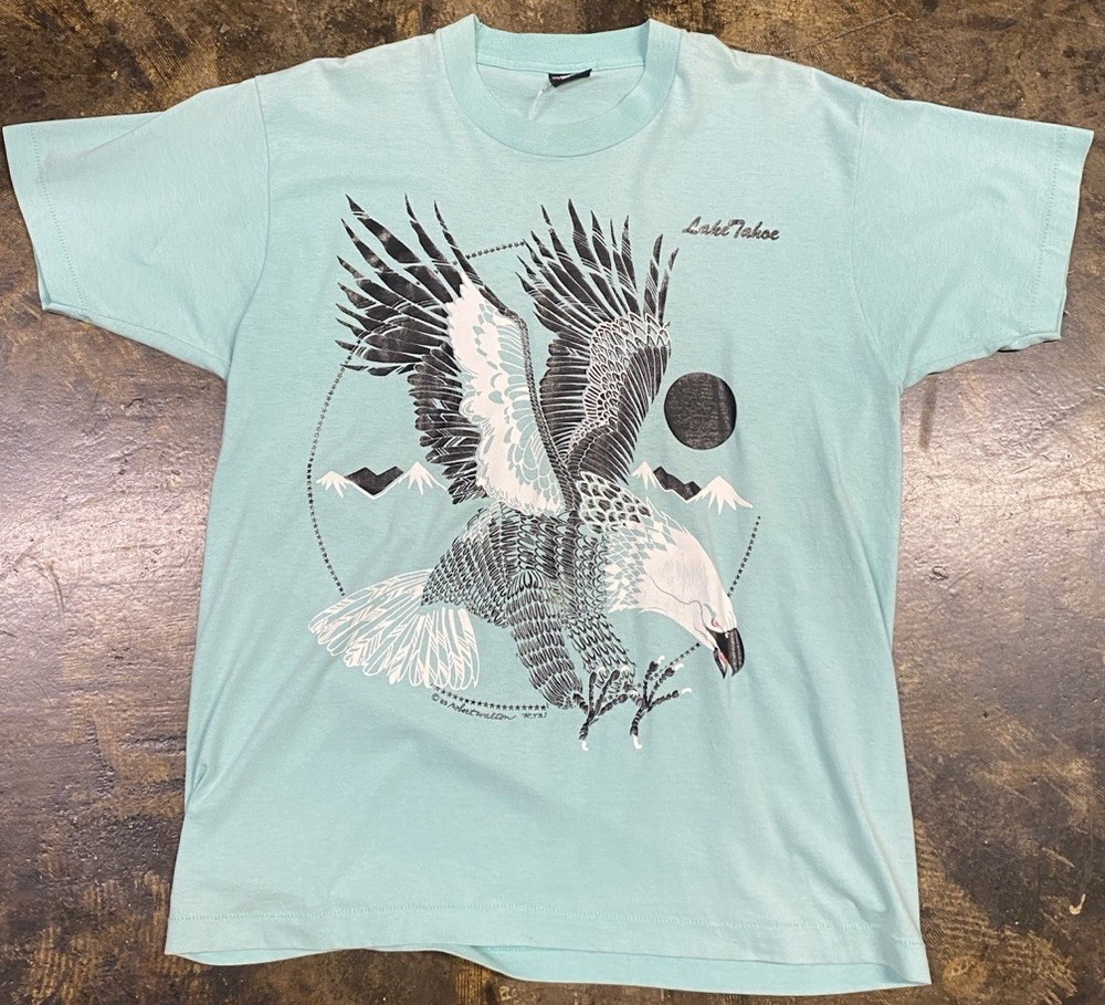 Size X-Large 1989 Lake Tahoe Eagle Tee Light Green Single Stitch Made In USA Tee