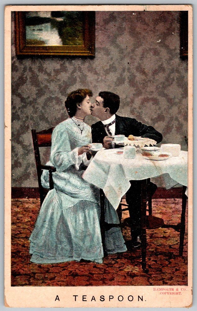 Antique Postcard A Teaspoon Kissing Couple 1900s