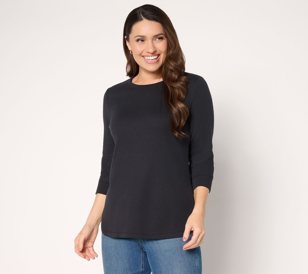 Denim & Co. Women's Top Sz L Essentials Waffle Round Neck Sleeve Black A671831