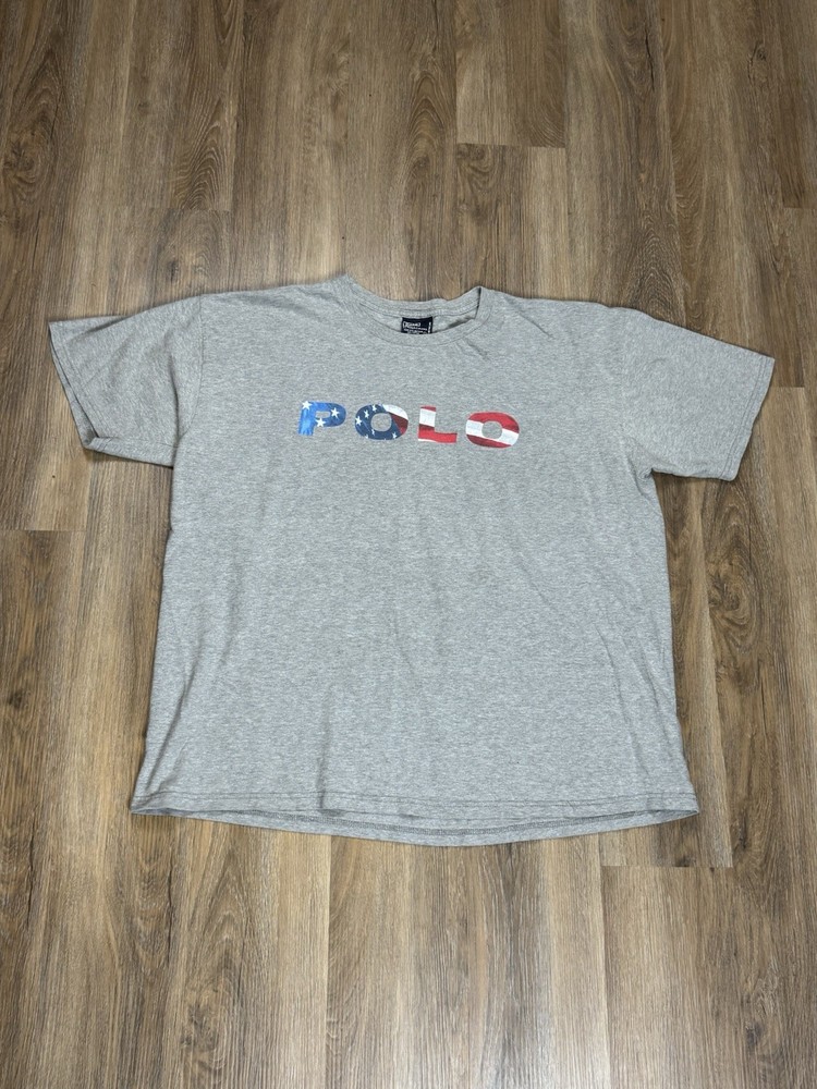 Vintage Polo Ralph Lauren Shirt Adult Large Grey Short Sleeve American Flag Mens