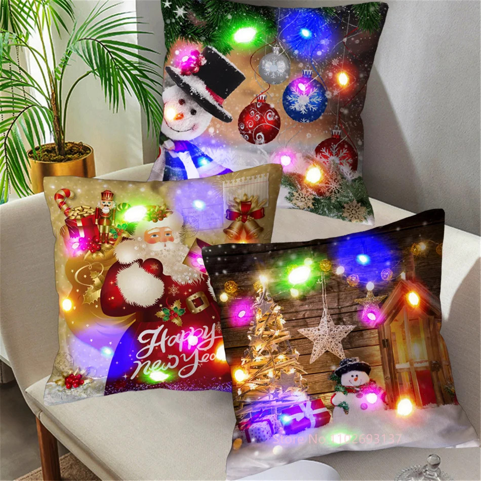 LED Christmas Cushion Cover Merry Snowman Light Pillow Cover Christmas Lighting