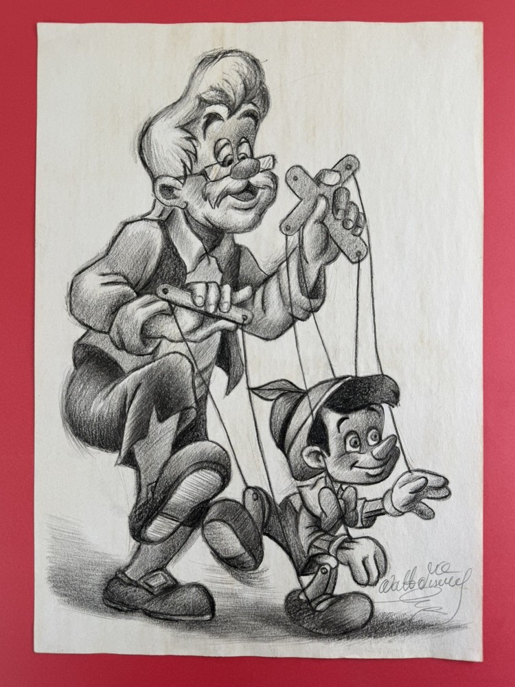 Walt Disney Drawing on paper (Handmade) signed and stamped mixed media.