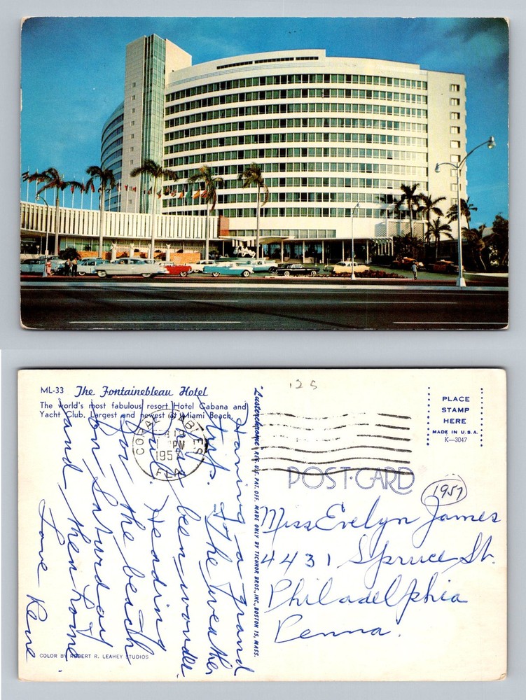 Miami Beach, FL-Florida, Fontainebleau Hotel Cabana Club Vintage c1957 Postcard
