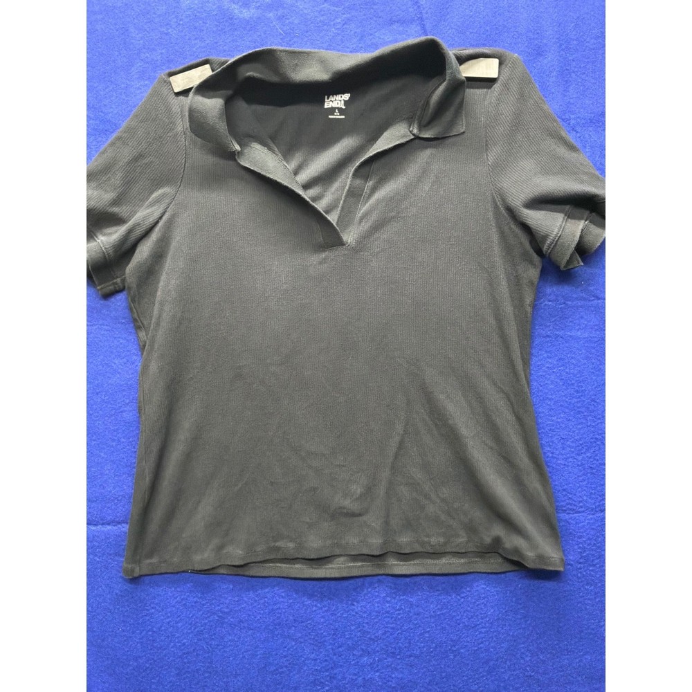 Preppy Womens Lands End Ribbed V-Neck Polo Shirt L Black