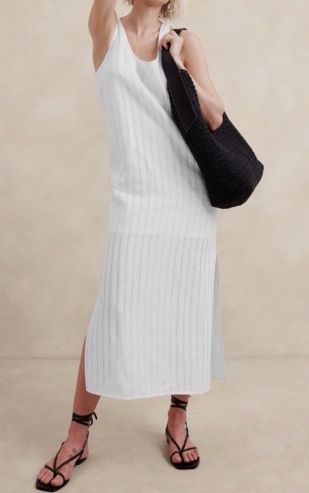 Banana Republic White Striped Linen Blend Midi Dress Size Lg