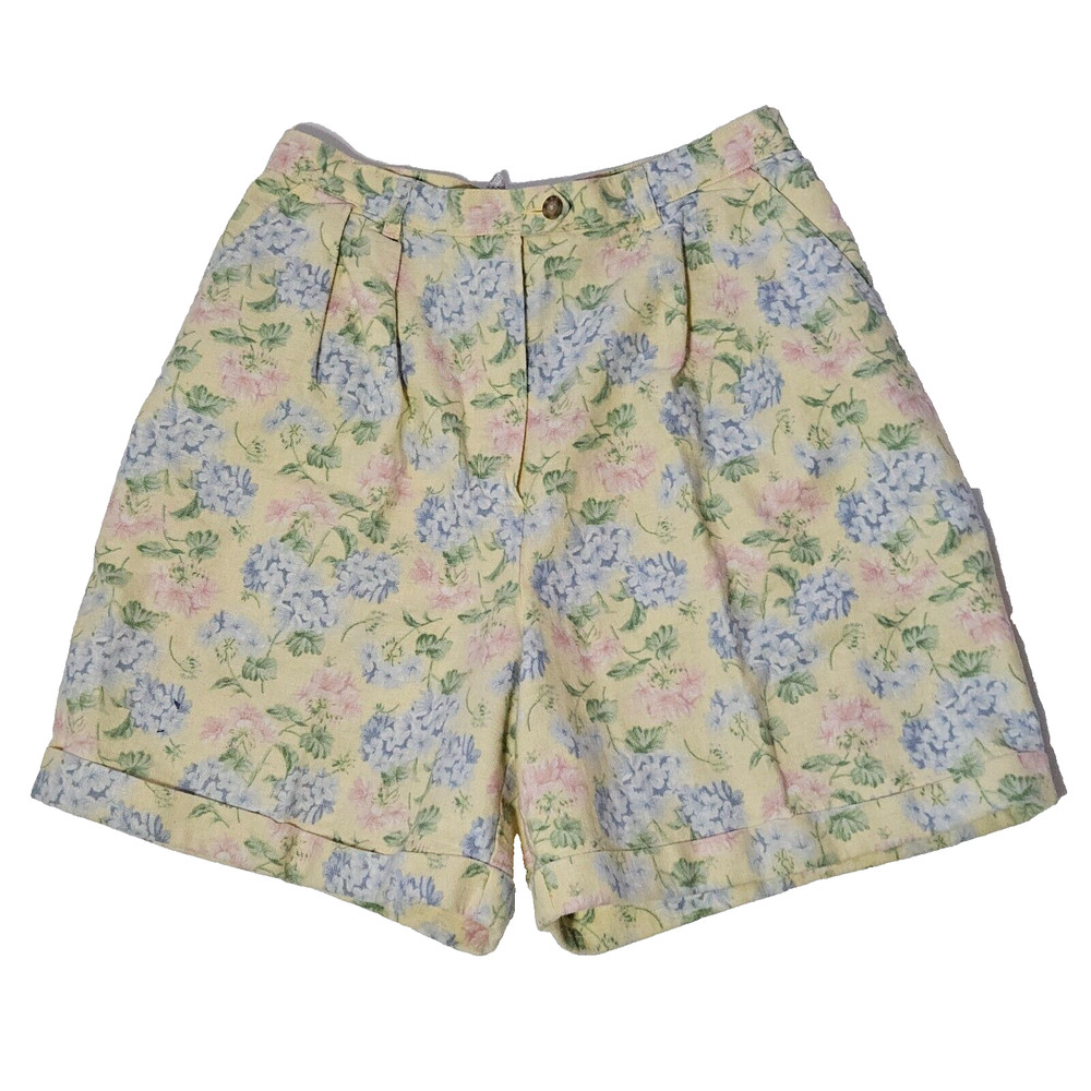 Vintage Jones New York floral pleated linen shorts wide leg Sz 12 Rhododendron