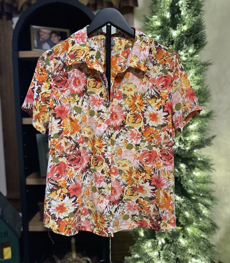 Laura Scott Petite LP Multicolor Floral Collared Short Sleeve Blouse