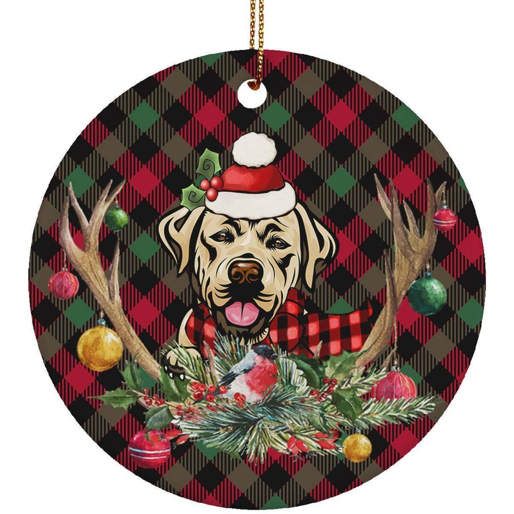 Funny Labrador Dog With Deer Anlters Plaid Pattern Ornament Gift Decor Hanging