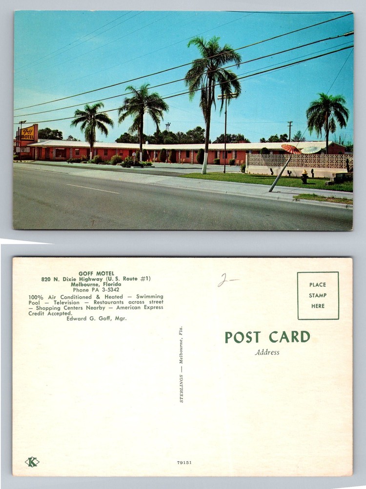 Melbourne, FL-Florida, Goff Motel & Pool Dixie Highway Rt 1 Vintage Postcard