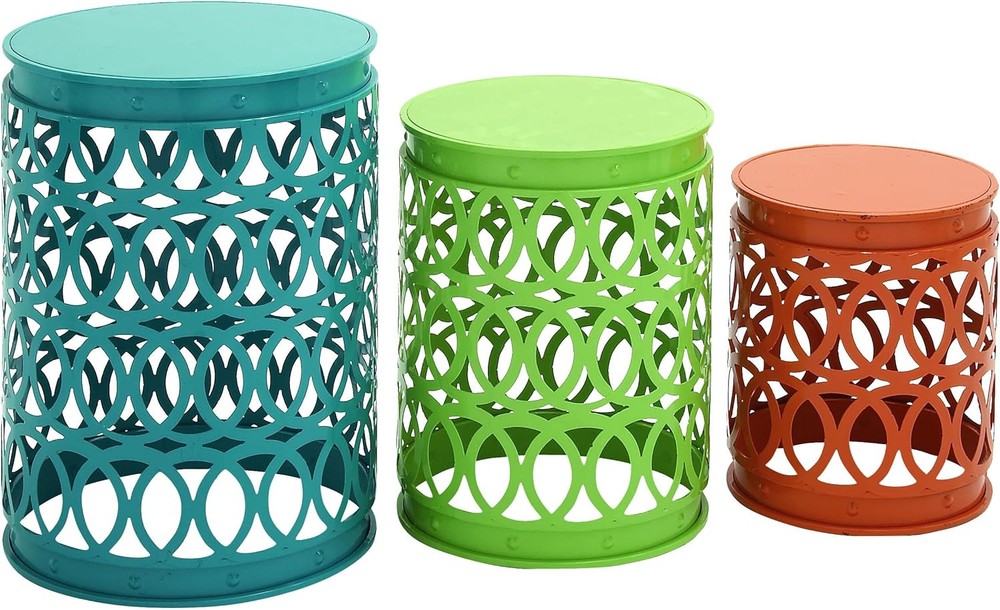 Deco 79 Indoor Outdoor Metal Trellis Nesting End Table Multi-Colored Carved Design  