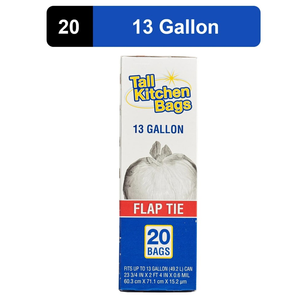 Top Job Basic Kitchen Trash Bags, 13 Gallon, 20 Bags (Flap Tie)