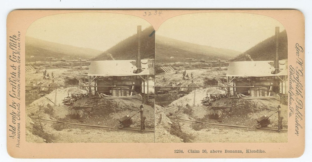 G5030~ KLONDIKE ALASKA Gold Mining Claim 36 Bonanza & Miners Stereoview